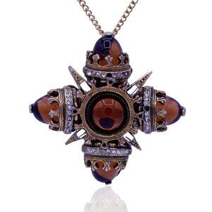 Vintage Designer Benedikt NY Signed Maltese Cross Pendant Brooch, Amber Cabochon